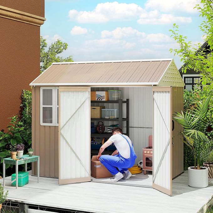 Outsunny 8' x 6' Outdoor Storage Shed, Metal Garden Shed with Window & Double Lockable Door, Outdoor Tool Shed Storage with Sloped Roof for Backyard, Patio, Garage, Lawn, Brown by Outsunny