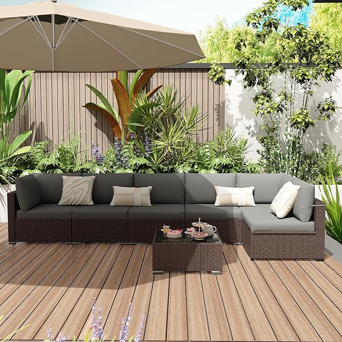 KIGOTY Patio Furniture Set,7 Pieces Modular Outdoor Sectional Sofa, PE Rattan Patio Conversation Set, All Weather Wicker Patio Furniture with Cushions and Coffee Table（Brown/Dark Grey）