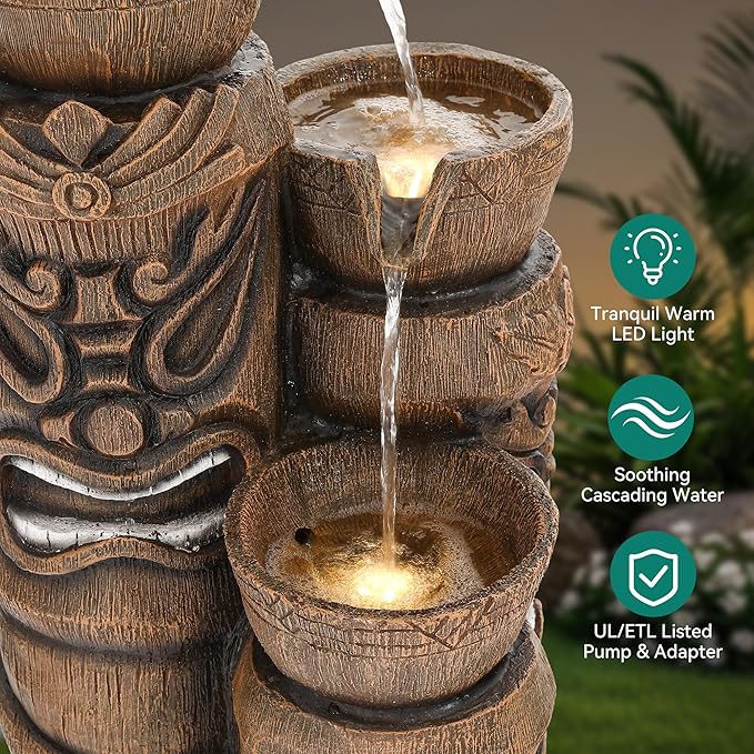 31" Outdoor Fountain, 3-Tier Tiki Head Bowl Water Feature with LED Lights, Tropical Resin Soothing Cascading Waterfall for Patio, Backyard, Garden or Porch