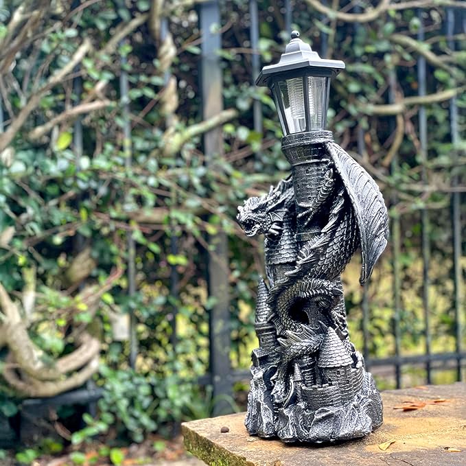 Zeckos 'Keeper of The Castle' Medieval Dragon Statue with Solar-Powered LED Lantern - 21 Inches High - Majestic Outdoor Decor Symbolizing Protection and Gothic Enchantment