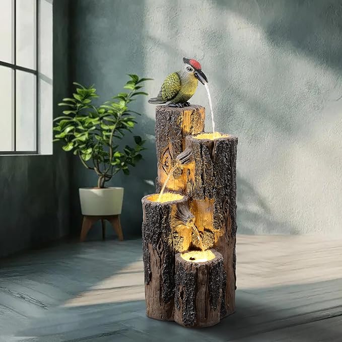 GOSSI Water Fountain Outdoor with Hummingbird, Cascading Waterfall Fountain, Rustic Log Design with LED Lights for Garden Decor