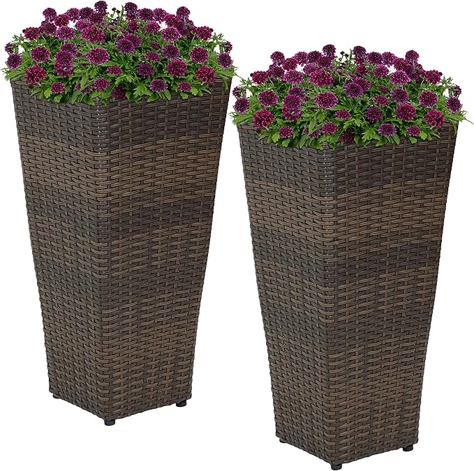 Sunnydaze Set of 2 Square Tall Wicker Planters - Polyrattan Rectangular Large Plastic planters for Outdoor Plants - 24-Inches Tall - Brown