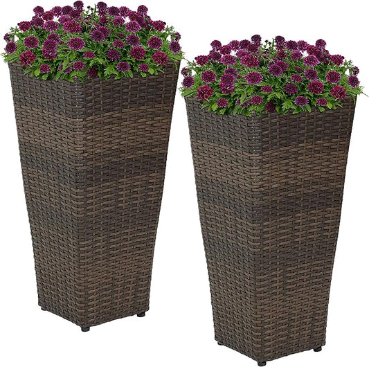 Sunnydaze Set of 2 Square Tall Wicker Planters - Polyrattan Rectangular Large Plastic planters for Outdoor Plants - 24-Inches Tall - Brown