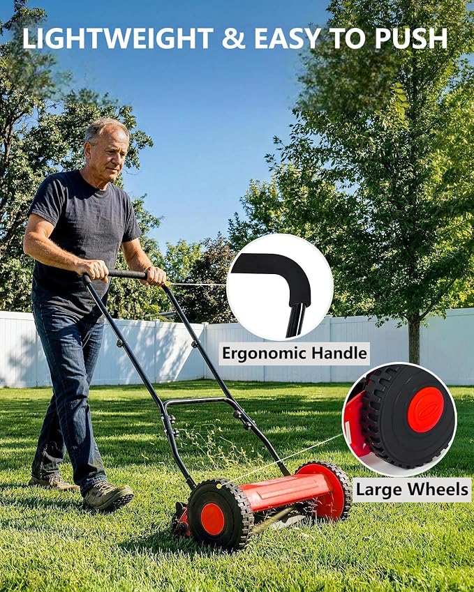 14-Inch Hand Push Reel Lawn Mower, 5-Blade Manual Push Lawnmower, 0.4-4" Adjustable Cutting Height, Lightweight for Small/Medium Yards, Easy Assembly, Compact & Quiet, Red - Image 6