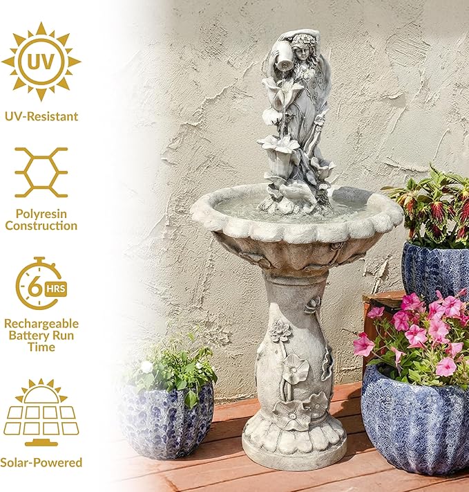 Sunnydaze Fairy Flower Solar Water Fountain - 42-Inch Outdoor Water Feature with LED Light - for Garden, Patio, Decks