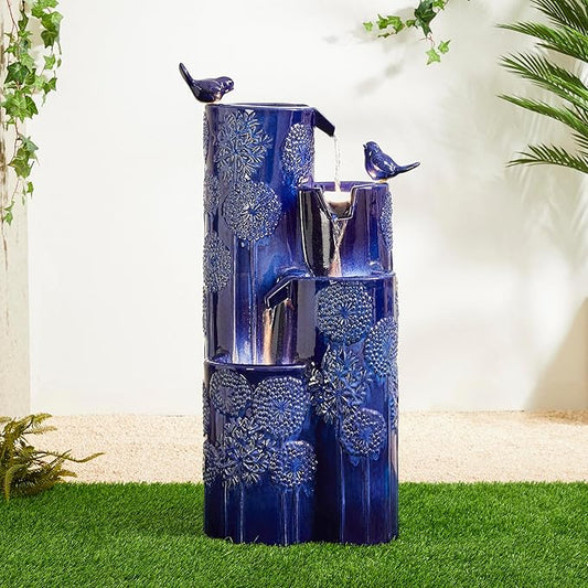 Glitzhome Water Fountain Outdoor with LED Lights, 4-Tier Vase Shaped Ceramic Outdoor Fountain, Dandelion Glaze Water Fountains Feature for Garden Backyard Patio, Cobalt Blue, 31.7”H