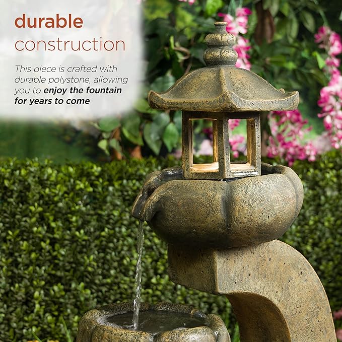 Alpine Corporation 32" Tall 2-Layer Pagoda Polystone Fountain with LED Lights, Cascading Waterfall, Outdoor Garden and Patio Water Feature, Zen Decor, Relaxing Sound, Brown