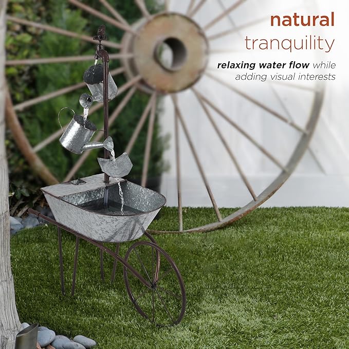 Alpine Corporation MCC574 Outdoor Floor Galvanized Shovel Pitcher Bucket Fountain, 41" Vintage Garden Water Feature, Patio & Backyard Décor, Gray