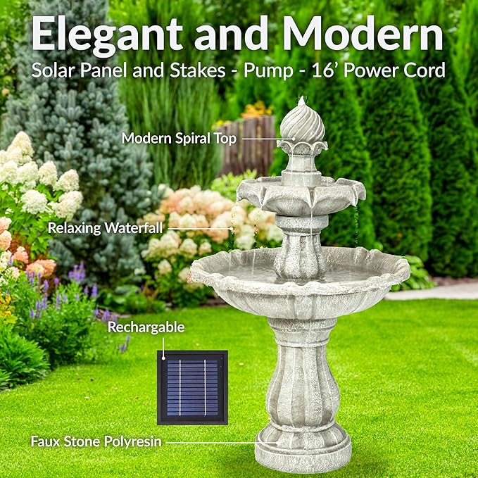 Sunnydaze 35" Solar 2-Tier Outdoor Water Fountain - Outdoor Water Fountain with Battery Backup and Pump - White