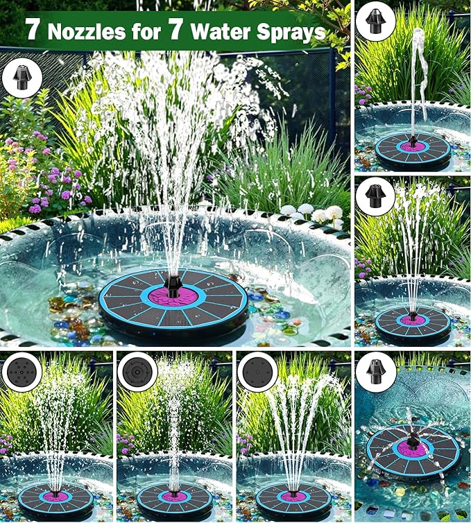 SZMP Powerful 3.5W Anti-Drift Solar Fountain for Bird Bath, Solar Powered Water Pump with 7 Nozzles, Bird Bath Fountain for Garden, Pool, Pond – Attracts Hummingbirds (Blue)