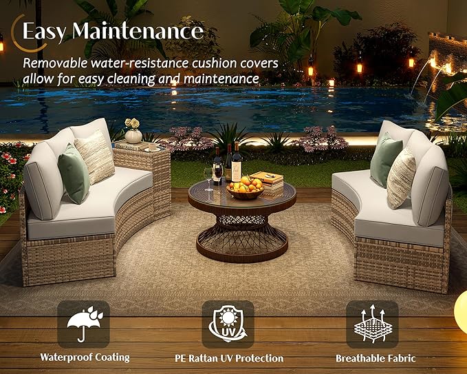 PaPaJet 6-Piece Patio Furniture Set, Half-Moon Wicker Sectional Sofa with Cushions, Waterproof Rattan Outdoor Conversation Set for Beach, Pool, Garden & Balcony, Beige