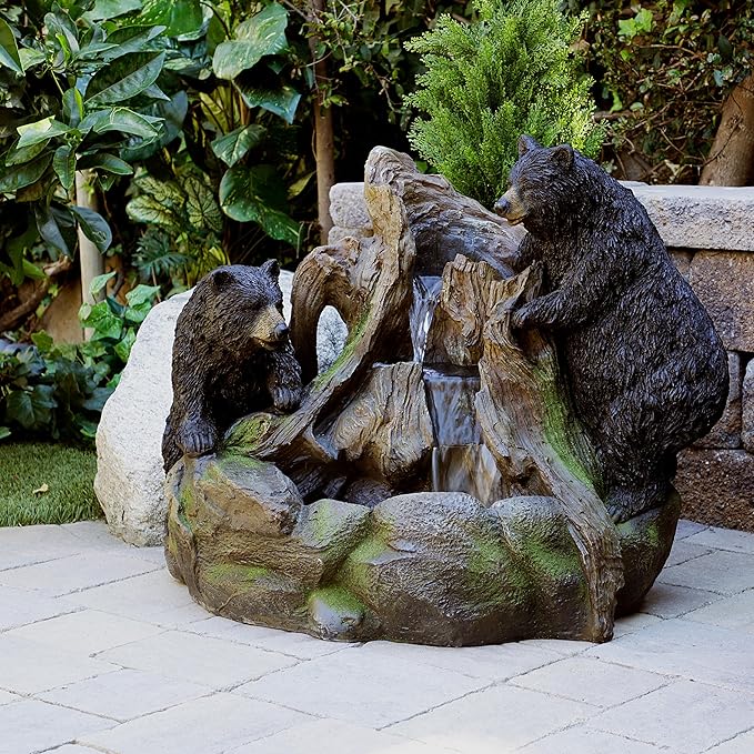 Alpine Corporation GXT252 24" Outdoor Floor Bears Climbing Fountain with LED Lights, Playful Bears Garden Water Feature, Cascading Waterfall for Backyard & Patio Décor, Brown/Black