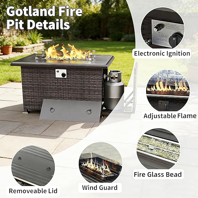 Gotland 8 Pieces Patio Furniture Set with Fire Pit Table, All Weather Rattan Outdoor Furniture with 29.5'' High Backrest 4’’ Thick Cushions Coffee Table, Outdoor Sectional for Porch, Deck, Gray