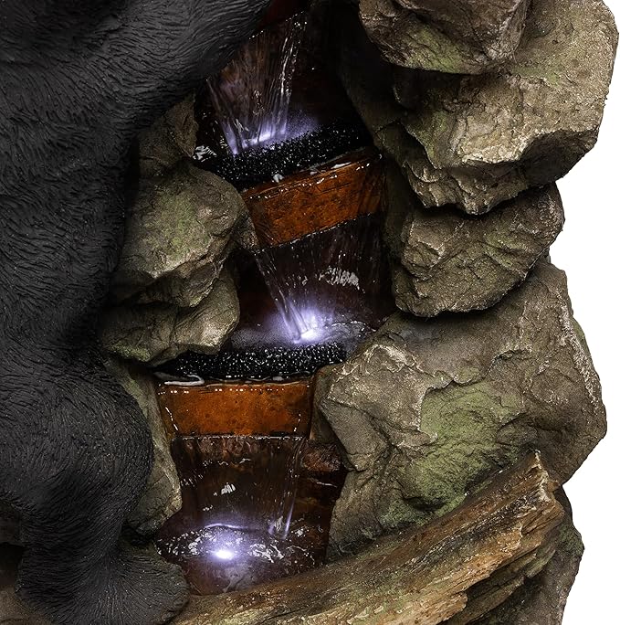 Alpine Corporation 36" Tall Indoor/Outdoor 2 Bears Climbing Rainforest Water Fountain with LED Lights, Cascading Wildlife Water Feature for Garden, Patio, and Home Decor, Brown