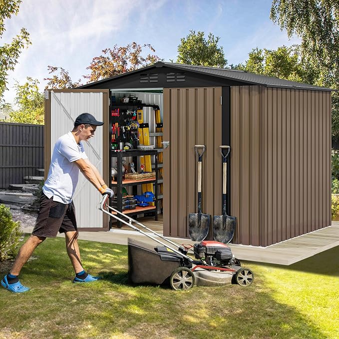 DWVO 8'x6' Large Metal Outdoor Storage Shed, Heavy Duty Tool Storage Sheds for Backyard Patio Lawn - Ideal for Bicycles, Garden Tools, and Lawn Equipment, Easy-to-Assemble, Brown - Image 3