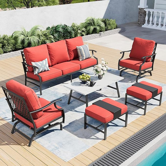 6 Piece Metal Outdoor Patio Furniture Set, Patio Conversation Set 1 3-Seater Sofa, 2 Rocking Chair, 2 Ottomans with 5.75" Thick Cushion and Coffee Table, Black Backyard Furniture, Red