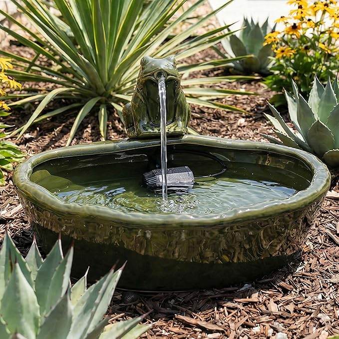 Sunnydaze Ceramic Solar-Powered Water Fountain - Green Glaze - Low-Voltage Submersible Pump with Filter - Frog