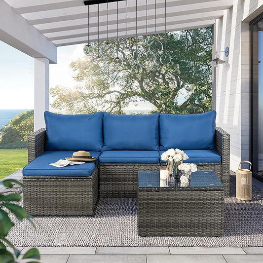 SUNLEI Small Outdoor Sofa Patio Furniture Set with Detachable Cushions, 3 PCS Patio Sectional Sofa with Coffee Table & 5 Position Adjustable,PE Rattan Patio Conversation Set, Silver Rattan/Royal Blue