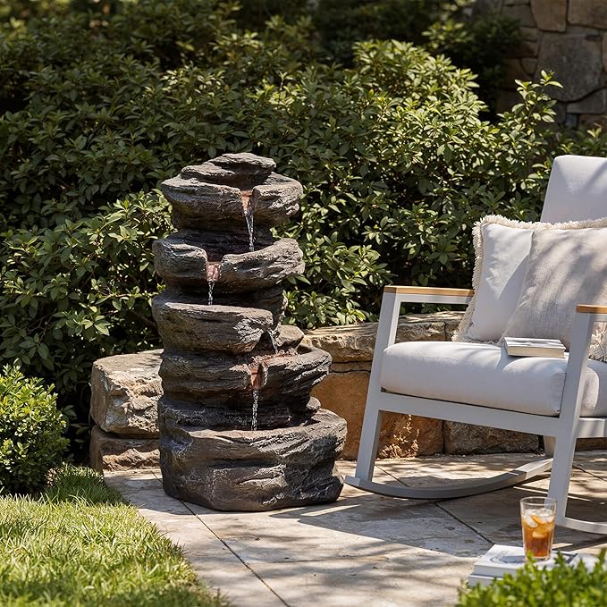 19.7" Tall Outdoor Water Fountain, 5 Tier Cascading Bowls and Stacked Water Fountain with LED Lights, for Yard Décor, Backyard, Patio and Deck (19.7'')