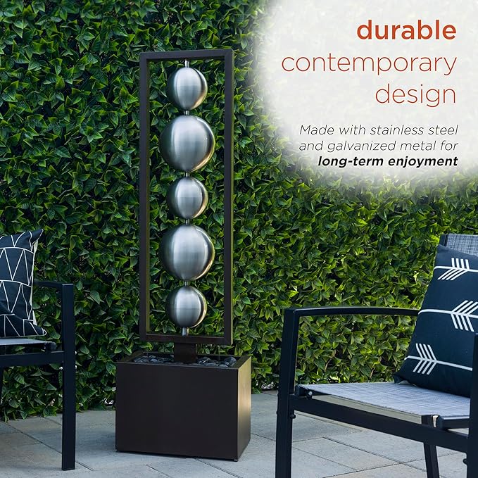 Alpine Corporation CPS194 Outdoor Modern Column Water Floor Fountain with Stainless Steel Orbs, 55" H, Brown