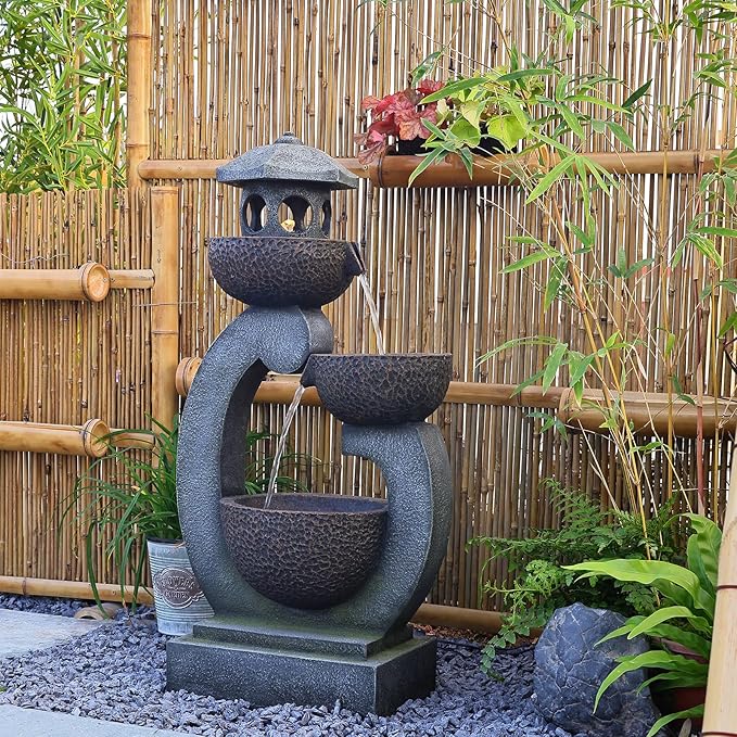 Water Fountain Outdoor Zen Feature - Garden Tranquil Pagoda Waterfalls Fountains Bowl with LED Lights & Pump for Patio Yard Porch Pool, Gray, 35.5 inches