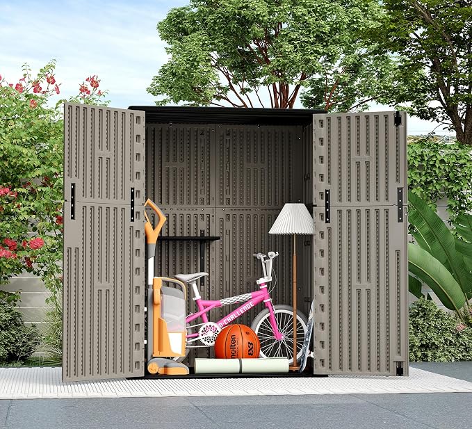 ZZM 57 Cu.ft Outdoor Storage Shed HDPE Storage Cabinet, Double-Wall Resin Sheds with Floor Vertical Lockable Sheds Garden Tools Trash Can, Lawn Mower, Bike Storage, Waterproof, Brown - Image 6