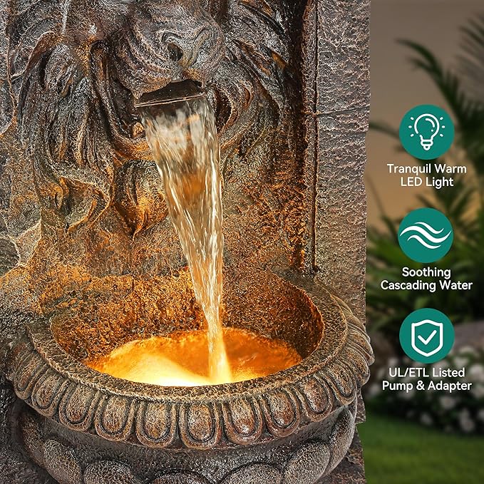 30" Majestic Lion Head Outdoor Water Fountain, Rustic Stone Pedestal Cascading Water Feature with Warm LED Lights, Tranquil Oasis for Outside Garden Patio Yard Decor