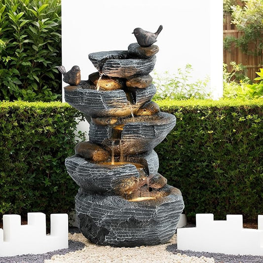 Outdoor Cascading Bird Water Fountain, 5-Tier Floor Natural Looking Rock Fountains with LED Pump Birds Decor, Freestanding Resin Fountain and Cascading Water Feature for Patio Garden, Grey