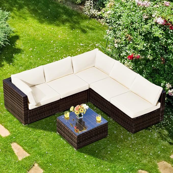 Tangkula 6 Pieces Patio Furniture Set, Outdoor Wicker Conversation Set with Glass Coffee Table, Wicker Sofa Set with Back & Seat Cushions, Rattan Sectional Conversation Set for Backyard Garden