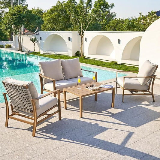 NATURAL EXPRESSIONS 4 Pieces Patio Furniture Sets, Modern Metal Outdoor Conversation Sets with High Back All Weather Hand-Woven Rope Rocking Chairs, Loveseat, Metal Table, 6" Thick Olefin Cushions