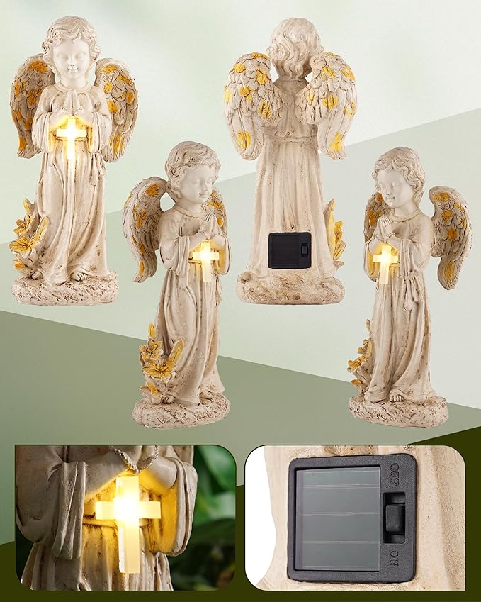 Solar Angel Statues for Outside, 12" Easter Garden Decoration, Solar Angel Figurines w/Lighted Cross for Cemetery, Yard, Pathway, Lawn Decor, Outdoor Guardian Angel for Memorial Gardens