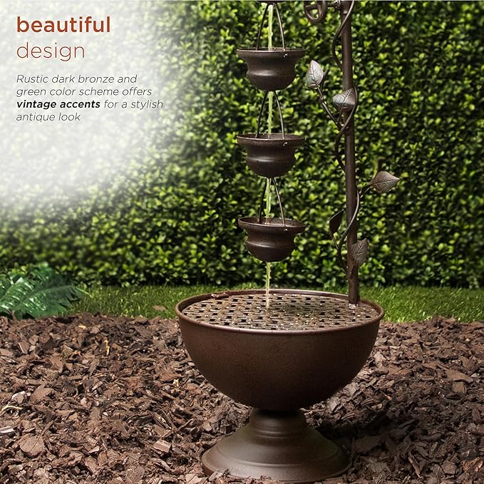 Alpine Corporation MAZ254 Outdoor Floor Tiered Vintage Water Fountain w/ 6 Hanging Cups, Soothing Tier Waterfall, 38", Bronze