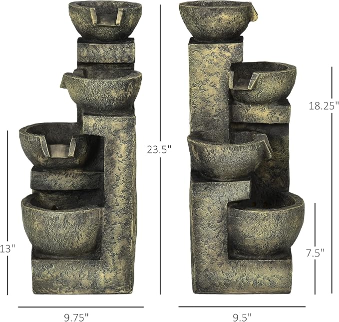 Outsunny Outdoor Fountain with 4-Tier Stacked Stone Look Bowls, Cascading Waterfall, Adjustable Flow & LED Lights, Rustic Décor for Patio, Zen Garden, Backyard, Porch, Gray