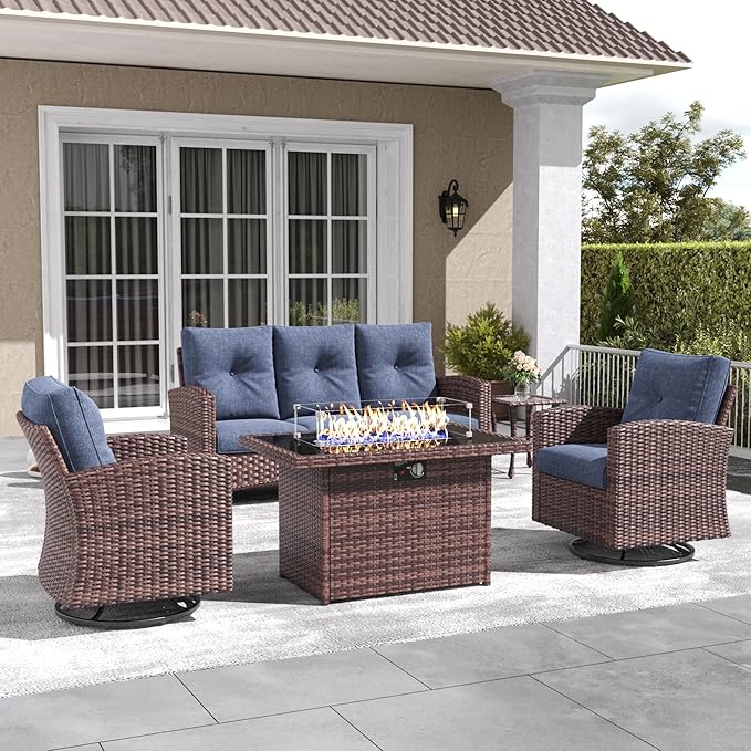 LayinSun 5 Pieces Patio Furniture Set with Swivel Chairs, Rattan Wicker Rocking Glide Chairs with 44" Propane Gas Fire Pit Table Conversation Set