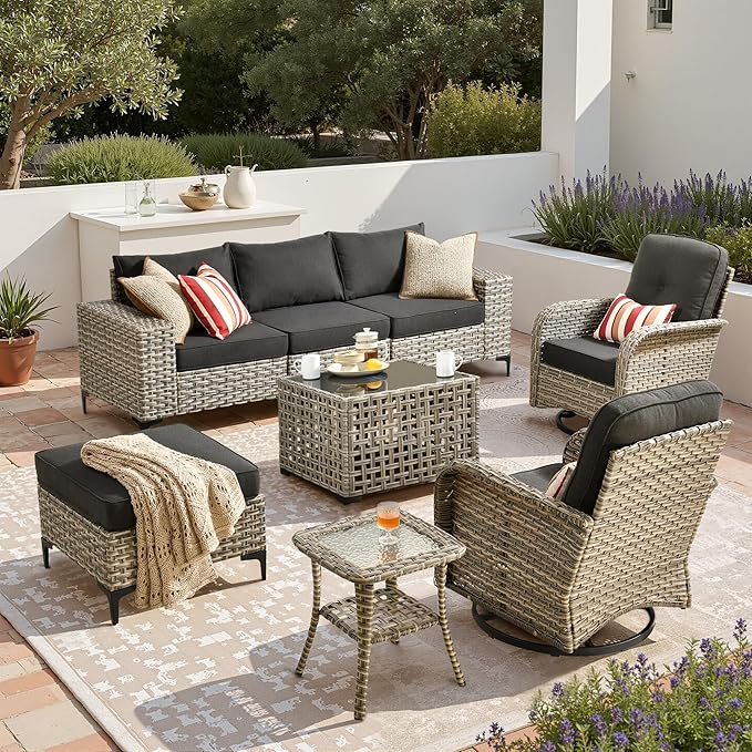 Patio Furniture Set, 8 Pieces Outdoor Wicker Conversation Sets with 2 Wicker Rocking Chair & Coffee Table Outdoor Sectional Sofa for Balcony Backyard Garden Lawn (Black)