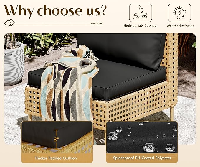 LHBcraft 7-Piece Wicker Outdoor Patio Furniture Set, Modular Rattan Outdoor Furniture, Patio Conversation Sets, Handmade Rattan, Water Resistant Fluffy Cushions and Coffee Table, Black