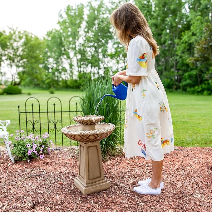 Sunnydaze Beveled Flower 28-Inch 2-Tier Outdoor Water Fountain - Backyard Water Feature & Bird Bath for Patio, Yard or Deck
