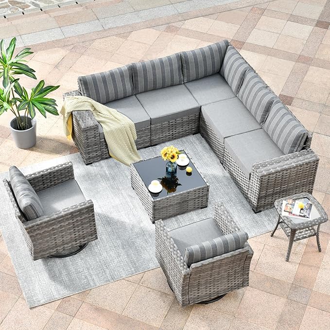 HOOOWOOO 9 Piece Modular Patio Outdoor Sectional Furniture Set with Swivel Rocking Chairs,Wicker Conversation Sofa Set,Outside Couch Set with Wide Arm(Grey Stripes)