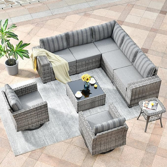 HOOOWOOO 9 Piece Modular Patio Outdoor Sectional Furniture Set with Swivel Rocking Chairs,Wicker Conversation Sofa Set,Outside Couch Set with Wide Arm(Grey Stripes)