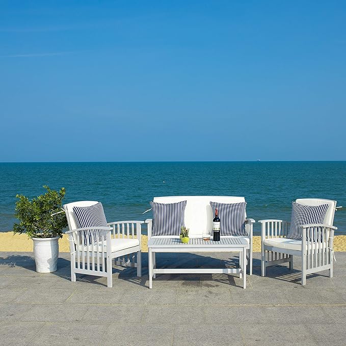 SAFAVIEH Outdoor Collection Fontana Grey / Beige Cushions/ Stripe Pillows 4-Piece Conversation Patio Set