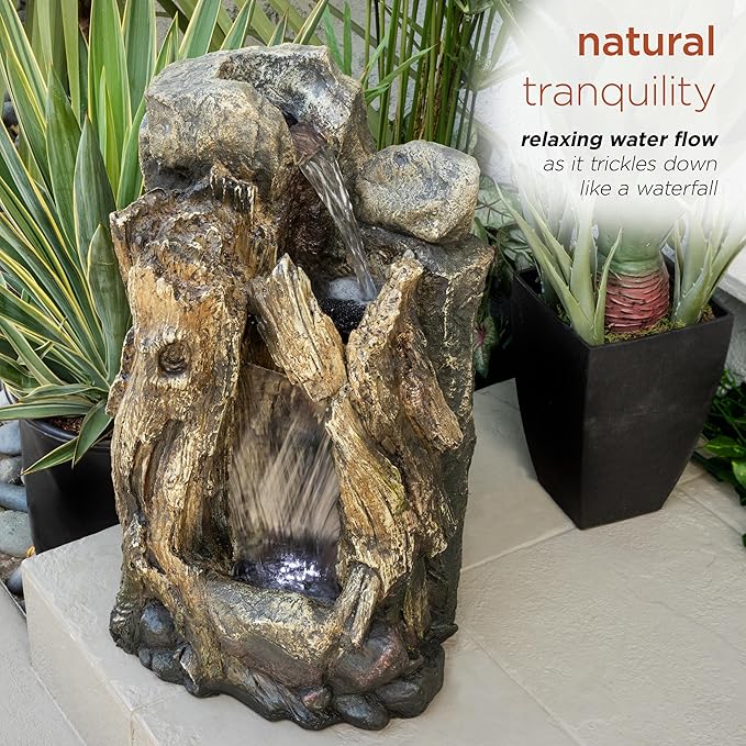 Alpine Corporation WIN270S Indoor/Outdoor Floor Rainforest Fountain with LED Lights, Tree Trunk Waterfall Fountain 22", Brown