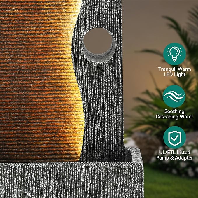 39.4" Modern Zen Faux Slate Water Fountain for Indoors or Outdoors with LED Lights, Cascading Waterfall, Tranquil Water Feature for Patio, Garden, Deck or Porch