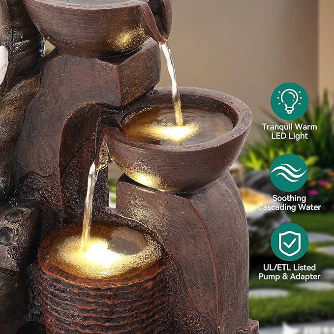 20" Outdoor Fountain, 3-Tier Playful Elephant Sculpture Water Feature with LED Lights, Resin Soothing Cascading Waterfall for Patio, Backyard, Garden or Porch