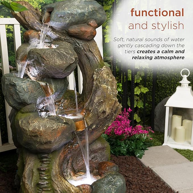 Alpine Corporation WIN1546 Outdoor Floor Rock/Tree Trunk Fountain w/LED Lights, Cascading Garden Water Fountain, 39" H, Gray