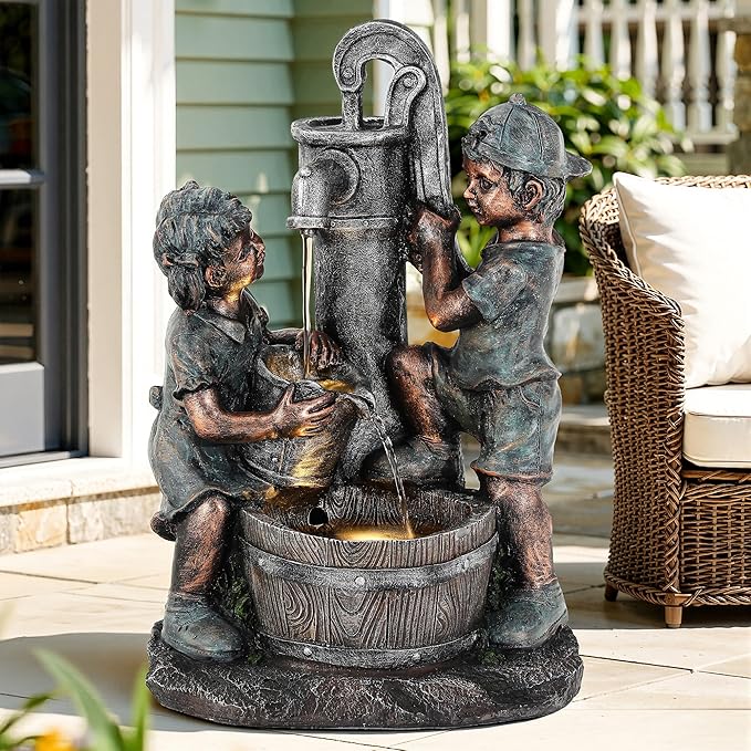 26" Outdoor Fountain, 3-Tier Boy-Girl Playing with Faucet Water Feature with LED Lights, Antique Resin Soothing Cascading Waterfall for Patio, Backyard, Garden or Porch