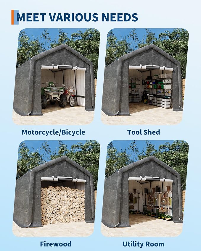 GarveeLife Portable Outdoor Storage Shed with Roll-Up Zipper Door & Vent, 240G Heavy-Duty Shelter Waterproof PE Tarp, UV-Resistant Carport for Motorcycle, Firewood, Tools (Khaki, 7'x15') - Image 3