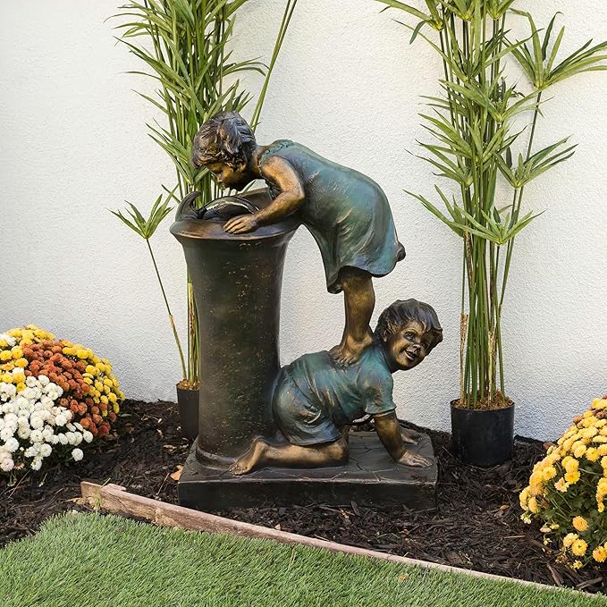 Alpine Corporation GXT472 27" Outdoor Floor Joyful Boy and Girl Drinking Water Fountain, Playful Garden Waterfall with LED Lights – Decorative Water Feature for Patios, Yards, and Gardens, Bronze