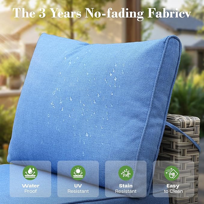 7 Piece Outdoor Patio Furniture with Glowing Coffee Table, Rattan Wicker Conversation Set with Sofa, Sectional Single Chairs for Outside Porch Balcony Backyard Pool,Light Blue