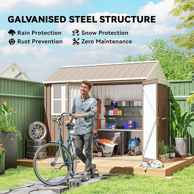 Outsunny 8' x 6' Outdoor Storage Shed, Metal Garden Shed with Window & Double Lockable Door, Outdoor Tool Shed Storage with Sloped Roof for Backyard, Patio, Garage, Lawn, Brown - Image 3