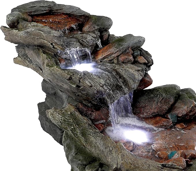 Alpine Corporation | 60"L Outdoor 3-Tier Rainforest Rock River Hand-Painted Water Fountain with LED Lights — Garden, Patio & Yard Décor